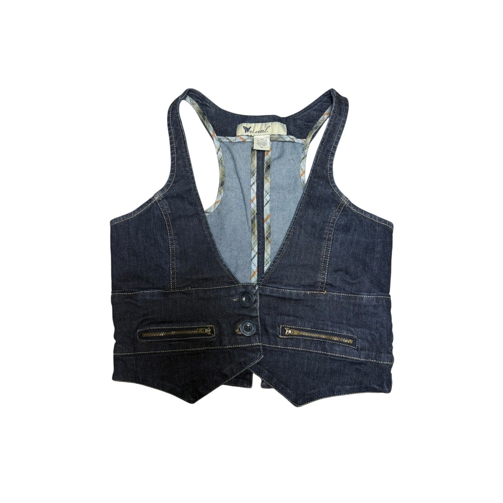Wet Seal Womens XL Dark Wash Denim Racerback Cropped Vest Waistcoat Y2K Style